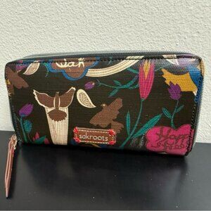 Sakroots Brown Artistic Wallet w/ Woodland Theme zip around  Canvas Peace Dove